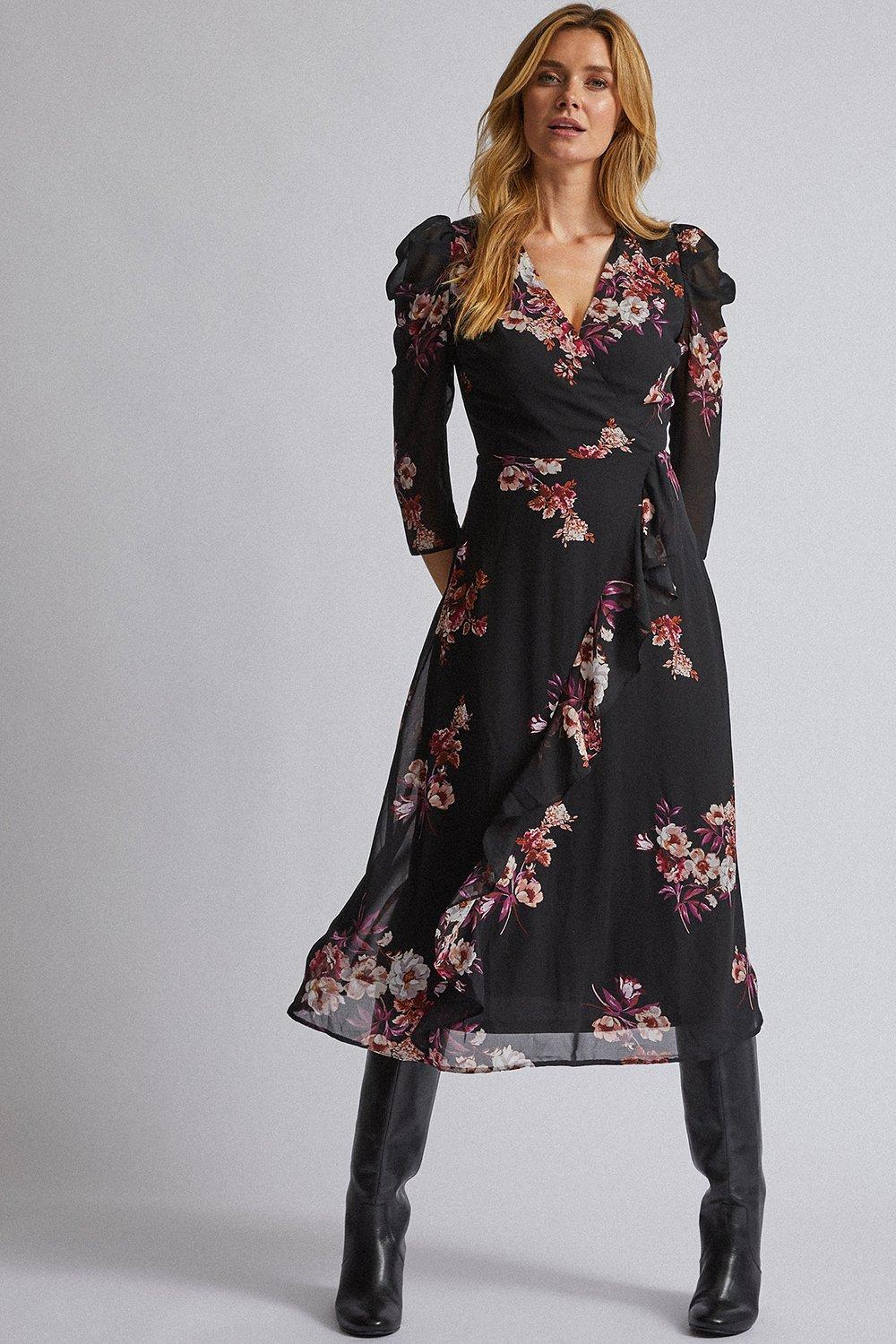 Floral Puff Sleeve Wrap Midi Dress | Dorothy Perkins UK